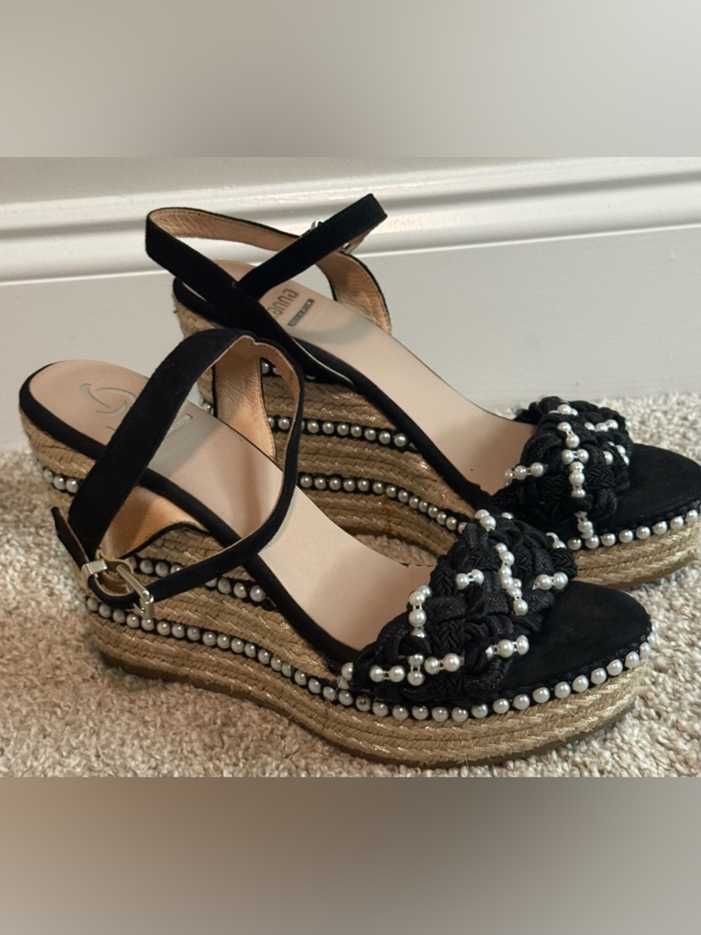KANNA Black Pearl-Embellished Wedge Sandals / Heels Size 39